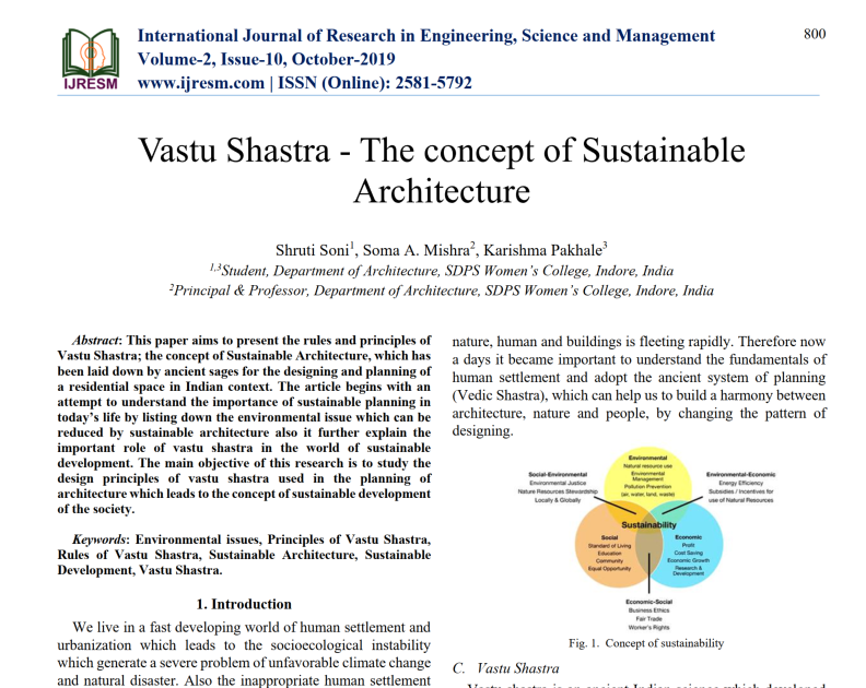Vastu Shastra - The concept of SustainableArchitecture” by Soma A Mishra (Professor of Department of Architecture), Shruit Soni, Karishma Pakhale (Students, Department of Architecture)
