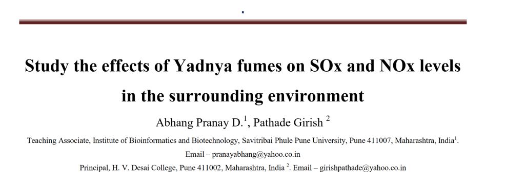 Study the effects of yadnya fumes on SOx and NOx levels in the surrounding environment