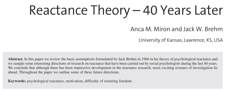 Reactance Theory - Miron and Brehm