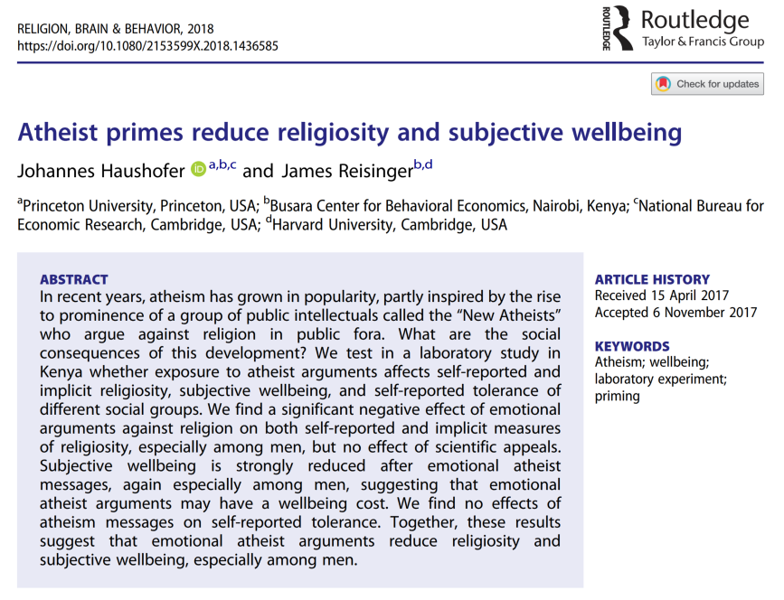 Atheist primes reduce religiosity and subjective Wellbeing - Haushofer and Reisinger