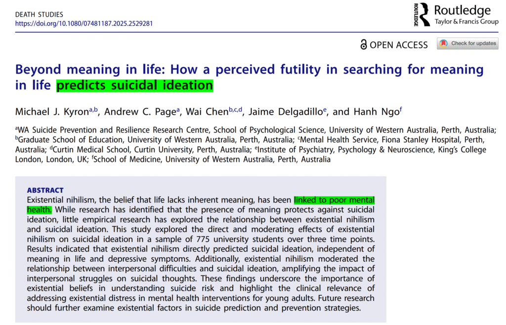 Nihilism leads to suicidal ideation and poor mental health - Michael J Kyron, Andrew C Page, Wai Chen research paper free pdf