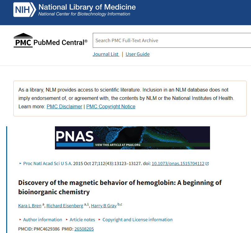 Discovery of magnetic behavior of hemoglobin - Bren, Eisenber, Gray free pdf