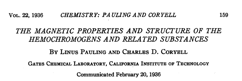 The magnetic properties in hemoglobin by Linus Pauling 1936 free pdf