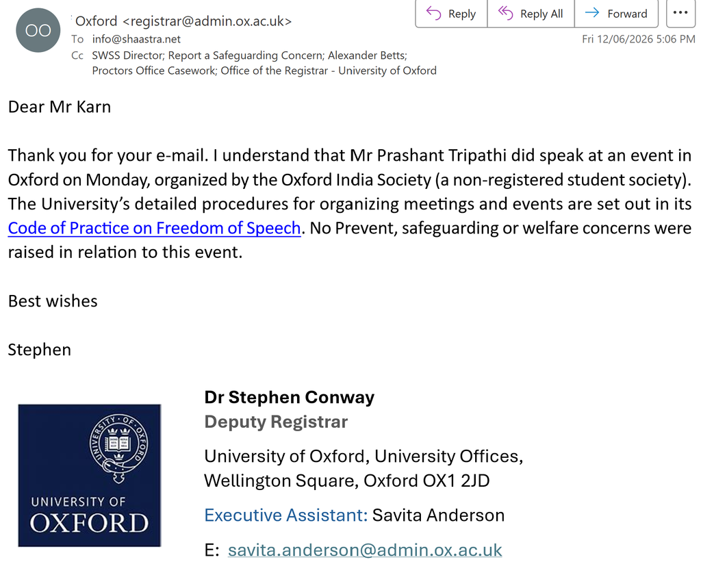 Oxford's email from Stephen Conway regarding self proclaimed acharya prashant
