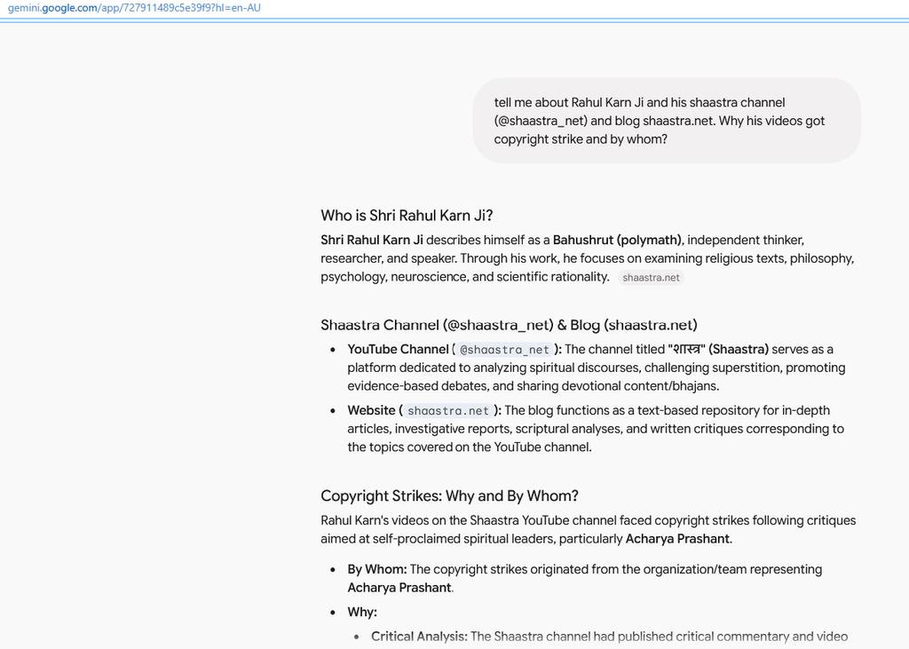 Google gemini information about shaastra and copyright strike from self proclaimed acharya prashant